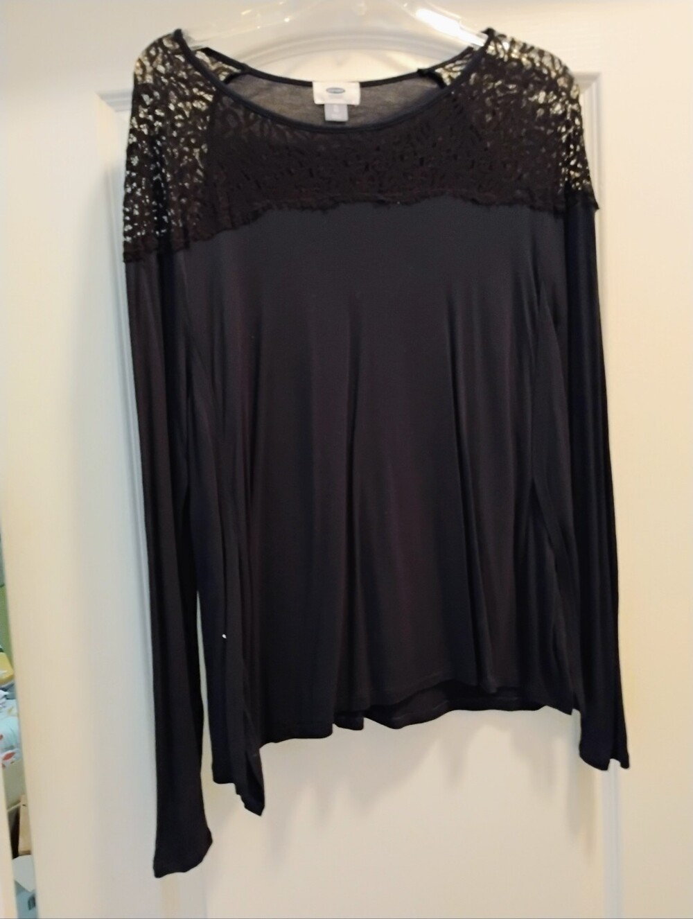 Women's Navy Lace Yoke Long Sleeve Top
